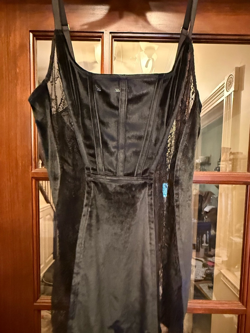 Victoria's Secret Black Velvet-Like Lace-Trim Slip with garters